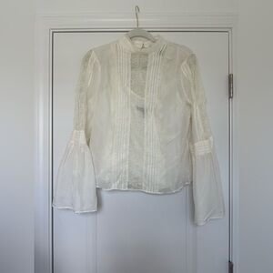 White House Black Market Ivory Lace Pintuck Bell Sleeve Blouse
